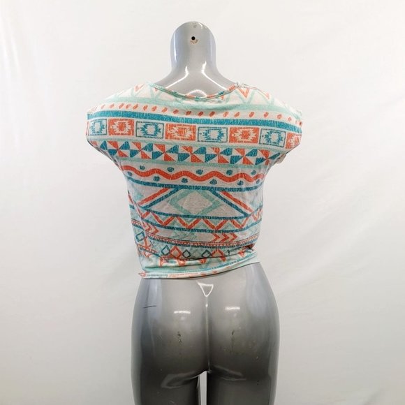 Ardene Women's Tie Front T Shirt Size Small Round Neck White Orange Teal Pattern - Picture 3 of 4